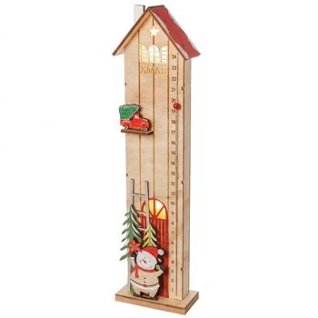 Preview: Calendrier de l’avent LED en bois en forme de maison, 45,5 cm, compte à rebours de Noël lumineux – chiffres 1–24, bonhomme de neige & voiture de Noël, décoration de Noël