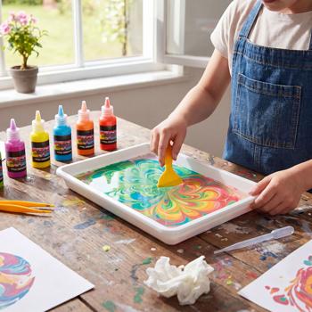 Preview: Set de marbrure pour enfants avec 6 couleurs, set de peinture sur eau avec bassin, pipette, pince et 10 feuilles de papier A4, set de peinture