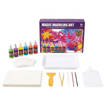 Preview: Set de marbrure pour enfants avec 6 couleurs, set de peinture sur eau avec bassin, pipette, pince et 10 feuilles de papier A4, set de peinture