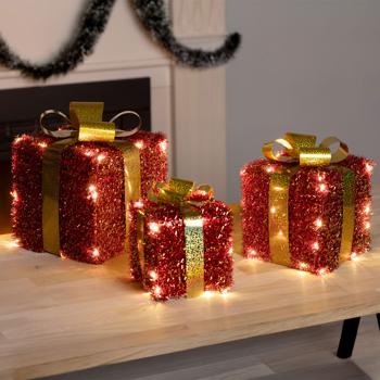 Preview: LED gift boxes, set of 3 red-gold, illuminated Christmas presents décor with 76 warm white LEDs, timer, battery-operated, 12/15/18 cm