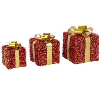 Preview: LED gift boxes, set of 3 red-gold, illuminated Christmas presents décor with 76 warm white LEDs, timer, battery-operated, 12/15/18 cm