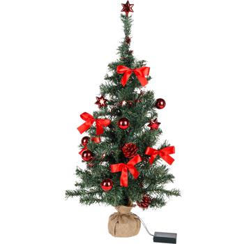 Preview: Artificial Christmas tree 75 cm with LED lighting and decor, mini tree decorated with red baubles, stars & cones, timer, battery operated