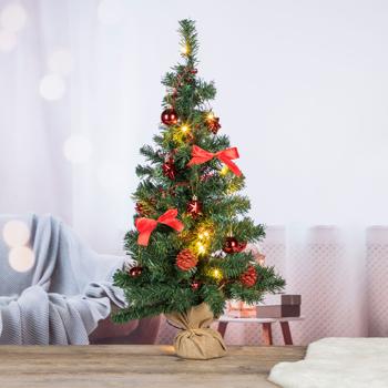 Preview: Artificial Christmas tree 75 cm with LED lighting and decor, mini tree decorated with red baubles, stars & cones, timer, battery operated