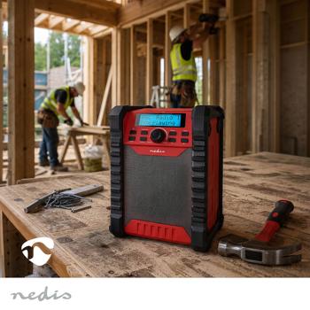 Preview: Baustellenradio DAB+ und UKW mit Bluetooth und Akku, robustes Radio IP54 mit 30 W Klang, bis 10 Std. Laufzeit, USB-C Ladung, Tragegriff, rot/schwarz