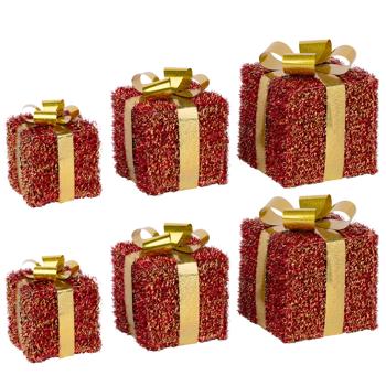 Preview: LED Geschenkboxen 6er Set rot-gold, beleuchtete Geschenke Weihnachtsdeko mit 152 warmweissen LEDs, Timer, batteriebetrieben, 12/15/18 cm