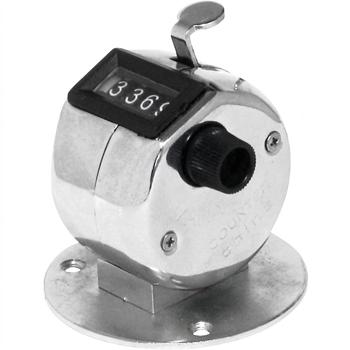Preview: Handzähler mechanisch mit Sockel, Tischzähler 4-stellig 0 bis 9999, Stückzähler und Klickzähler mit Rückstellrad, verchromtes Gehäuse