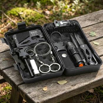 Survival Set in Schutzbox, Outdoor Notfallset mit Taschenlampe, Taschenmesser, Feuerstarter, Paracord Armband, Seilsäge und Notfallpfeife, 10-teilig 