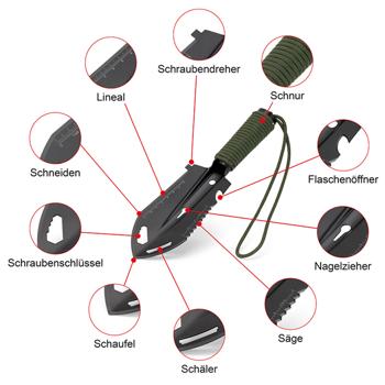 Preview: Multifunktionsschaufel 10-in-1 aus Kohlenstoffstahl, Outdoor Schaufel mit Säge, Schneidkante und Paracord Griff, mit Tasche, für Camping und Bushcraft