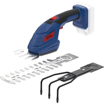 Akku Grasschere und Strauchschere 18V Set mit Harke, Rasenkantenschere 100 mm, Heckenschere 200 mm, 3in1 Gartenschere ohne Akku und Ladegerät