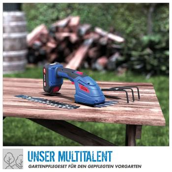 Preview: Akku Grasschere und Strauchschere 18V Set mit Harke, Rasenkantenschere 100 mm, Heckenschere 200 mm, 3in1 Gartenschere ohne Akku und Ladegerät