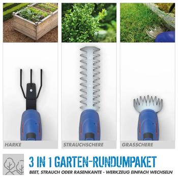 Preview: Akku Grasschere und Strauchschere 18V Set mit Harke, Rasenkantenschere 100 mm, Heckenschere 200 mm, 3in1 Gartenschere ohne Akku und Ladegerät