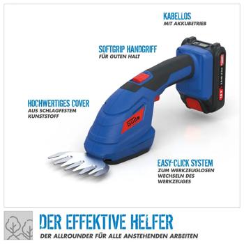 Preview: Akku Grasschere und Strauchschere 18V Set mit Harke, Rasenkantenschere 100 mm, Heckenschere 200 mm, 3in1 Gartenschere ohne Akku und Ladegerät