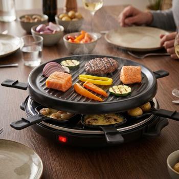 Grill per raclette rotondo per 6 persone, 800 W, forno per raclette con piastra grill rimovibile antiaderente e 6 padelline ovali, riflettore in acciaio inox