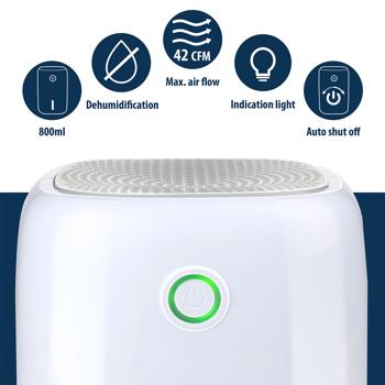 Preview: Compact electric dehumidifier 800 ml, quiet mini dehumidifier for bedroom, bathroom, cellar, dressing room and caravan, up to 330 ml per day, 22.5 W