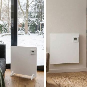 Chauffage infrarouge 425 W panneau chauffant 61 × 63 cm, avec thermostat numérique, minuterie hebdomadaire et display LCD, IP44, sur pieds ou mural, blanc