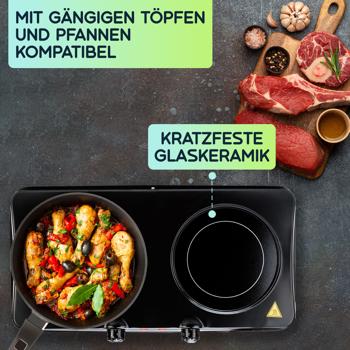 Preview: Glaskeramik Doppelkochplatte, 2 Kochfelder 16,4 & 18,8 cm, mobil - tragbar, 2.000 W, schnelles Aufheizen, ideal für Camping, Garten und Zuhause 