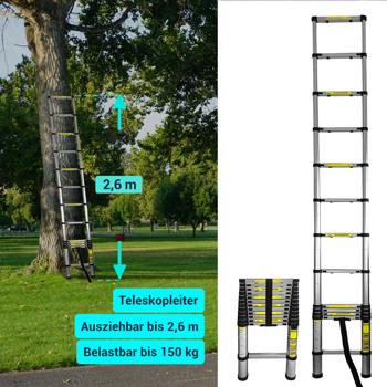 Preview: Teleskopleiter, Ausziehbare Leiter bis 2.6 m, Multifunktionsleiter mit 150kg Belastbarkeit, Rutschfeste Aluminium Dachbodenleiter mit rutschfesten Füssen