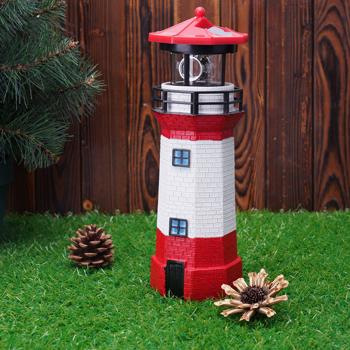 Preview: Faro decorativo solare con riflettore rotante: lanterna da giardino a LED d’atmosfera (rossa e bianca) con sensore di luce per un’atmosfera marittima