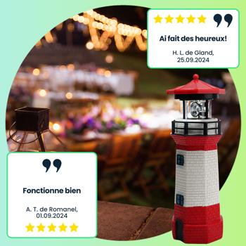 Preview: Phare Décoratif Solaire - Réflecteur Rotatif, Éclairage LED Rouge-Blanc, Détecteur Crépusculaire - Jardin, Balcon, Terrasse, Véranda - Ø9xH27cm