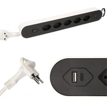 Preview: Moderne Steckdosenleiste (weiss/schwarz): 5x T13, USB-A & USB-C Ladeports - Für effizientes Laden und eine sichere Stromversorgung