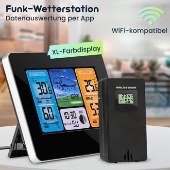 Preview: Moderne WLAN Wetterstation, Aussenfühler, Farbdisplay, Uhr, Wettertendenz, Luftfeuchtigkeit. App-Analyse für Wetterhistorie. Präzise Wetterdaten