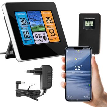 Preview: Modern WLAN weather station, outdoor sensor, color display, clock, weather tendency, humidity. App analysis for weather history. Precise weather data