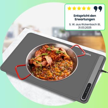 Preview: Profi Silikon-Warmhalteplatte (250W) – Elektrischer Speisenwärmer mit 3 Stufen (55-100°C), Warmhaltematte mit LCD-Touch-Display, rollbar, 61x40cm Preview: Profi Silikon-Warmhalteplatte (250W) – Elektrischer Speisenwärmer mit 3 Stufen (55-100°C), Warmhaltematte mit LCD-Touch-Display, rollbar, 61x40cm