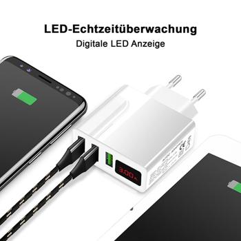 Preview: Smartes USB-A Ladegerät 3 Ports mit LED Display in Weiss – Leistungsstark, Kompakt, Universell & Zuverlässig