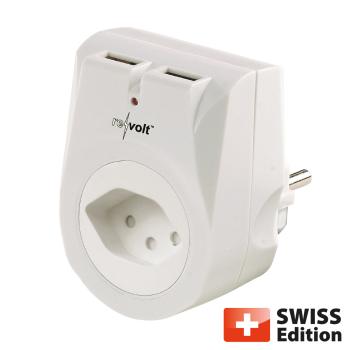 Preview: 2er-Set Steckdose mit 2x USB-Ladeport 2.1A Überspannungsschutz, Swiss Edition