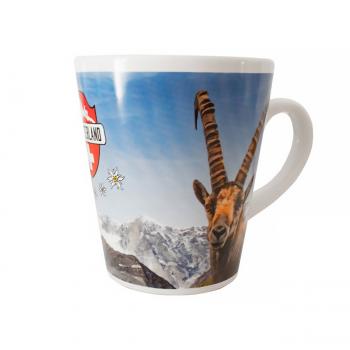 Preview: Swiss Ethno Kaffeebecher - Keramik Tasse mit Henkel - Alpenpanorama & Switzerland-Schriftzug - 9x10cm - Ideales Geschenk für Swissness-Liebhaber