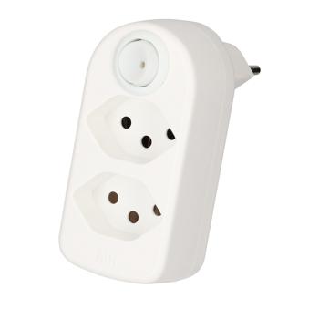 Preview: Abzweigstecker mit 2 Steckplätzen des Typs T13, drehbar, mit Schalter, weiss