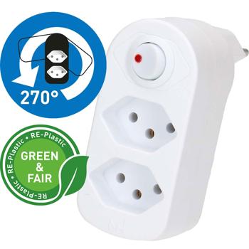 Preview: Abzweigstecker mit 2 Steckplätzen des Typs T13, drehbar, mit Schalter, weiss