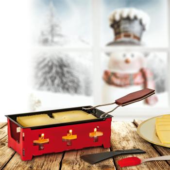 Preview: Perfetto per riunioni accoglienti: Set da raclette per feste con 3 luci da tè, teglie, spatola e spazzola in silicone - Design rosso con croce svizzera