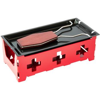Preview: Perfetto per riunioni accoglienti: Set da raclette per feste con 3 luci da tè, teglie, spatola e spazzola in silicone - Design rosso con croce svizzera