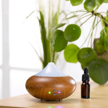 Preview: Aroma-Diffusor mit 7 LEDs - Luftbefeuchter in Holz-Optik - Fördert Entspannung & besseres Raumklima - Braun/Weiss Ø 13x10cm - Für ätherische Öle