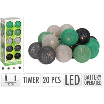 Preview: Lichterkette 20 Baumwoll-Lampions grün-grau - Stimmungslicht Girlande für Gartenparty, Hochzeit & Kindergeburtstag - Ø 6cm - IP44 - Batteriebetrieben mit Timer