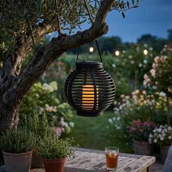 Preview: Solarlaterne Kugel - Ø21cm - LED Kerze Antik Look - Sicher für Innen & Aussen - Aufladbare NI-MH Batterie - Ideal für Garten, Camping, Events - Schwarz