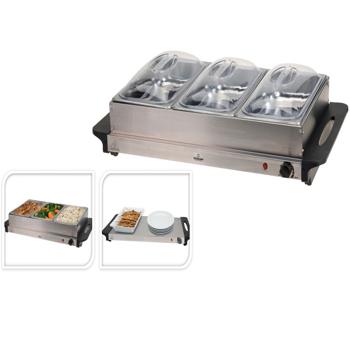 Preview: Elektrischer Speisewärmer - Heizplatte & 3x 2L Edelstahl Behälter - 40-60°C Temperatur, 300W, 53x35x10cm - Für Buffets, Catering, Partys