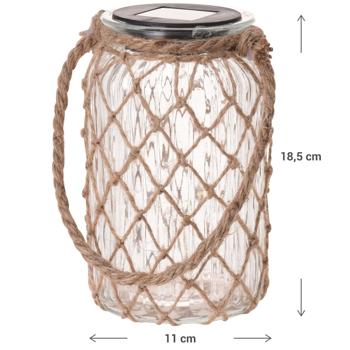 Preview: Solarlaterne aus Glas mit Juteschnur - Dekorative Hängeleuchte für Garten & Pergola - Ø 11cm, Höhe 18,5 cm, 6h Leuchtdauer - Witterungsbeständig