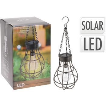 Preview: Lampada solare industriale in metallo, luce a sospensione, gancio: (18,5x18,5x27 cm), per giardino, balcone, terrazza, look vintage, resistente