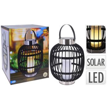 Preview: Lanterne Solaire Jardin Style Rotin - Bougie LED Blanche, Éclairage Extérieur Décoratif- 35x45cm, Noir, Polypropylène, Anneaux Inox, 6h Autonomie, IP44