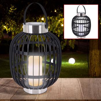 Preview: Stilvolle Solar-Gartenlaterne in Rattan-Optik: Edelstahl-Ringe, LED-Kerze, 35x45cm, Schwarz – Dekorative Aussenbeleuchtung