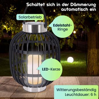 Preview: Stilvolle Solar-Gartenlaterne in Rattan-Optik: Edelstahl-Ringe, LED-Kerze, 35x45cm, Schwarz – Dekorative Aussenbeleuchtung