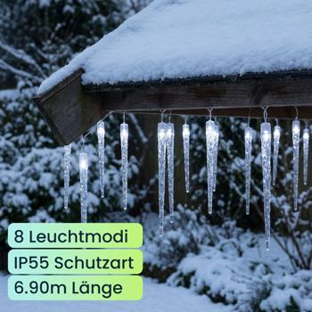 Preview: Eiszapfen-LED-Lichterkette - 8 Leuchtmodi & Timer - Kaltweisses Licht - IP55 Schutzart - 72 LEDs - 6.90m Länge - Für Aussenbereich - Weihnachtsdeko