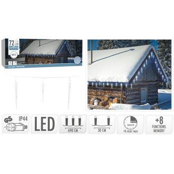 Preview: Eiszapfen-LED-Lichterkette - 8 Leuchtmodi & Timer - Kaltweisses Licht - IP55 Schutzart - 72 LEDs - 6.90m Länge - Für Aussenbereich - Weihnachtsdeko