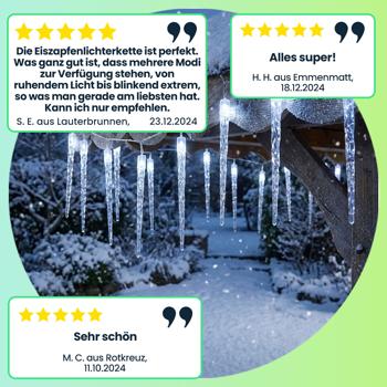 Preview: Eiszapfen-LED-Lichterkette - 8 Leuchtmodi & Timer - Kaltweisses Licht - IP55 Schutzart - 72 LEDs - 6.90m Länge - Für Aussenbereich - Weihnachtsdeko