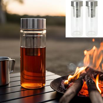 2er-Set Doppelwandige Glas-Trinkflasche mit Siebeinsatz - Hält Getränke länger warm/kalt - 300ml Borosilikatglas - Spülmaschinenfest, BPA-frei