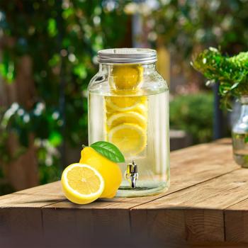 Preview: 2er-Set Getränkespender Glas - 4 Liter - Mit Zapfhahn, herausnehmbarem Aroma-Einsatz & Edelstahldeckel - Hygienisch, für Party & Garten