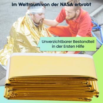 Preview: 5er Set Zuverlässige Rettungsdecke, 210 x 160 cm, gold - silber, Wärmefolie auch ideal für Sport, Camping und Outdoor Abenteuer, ein Produkt der NASA