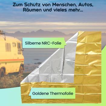Preview: 10er Set Zuverlässige Rettungsdecke, 210 x 160 cm, gold - silber, Notfalldecke - Wärmefolie auch für Survival Abenteuer und Wandern, ein Produkt der NASA